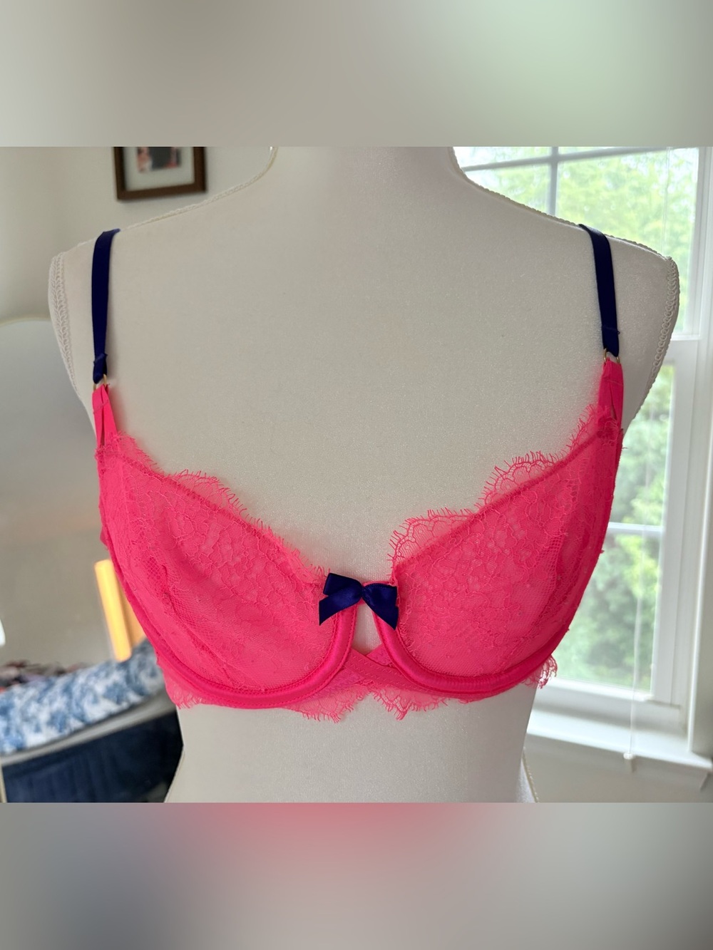 Victoria's Secret Hot Pink Lace Underwire Bra with Navy Bow Accent